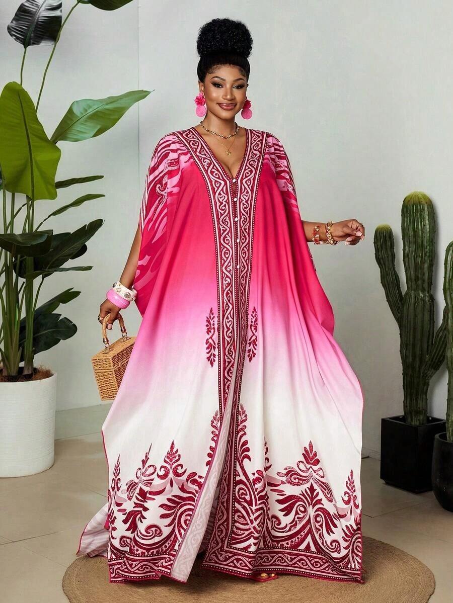 Vestido maxi con cuello en V, mangas tipo murciélago y botones para mujer talla grande, de primavera/verano, estilo bohemio, elegante y lujoso, relajado y vintage, para usar en la playa, con estampado geométrico degradado, cómodo y holgado tipo kaf - Multicolor - Ver 1