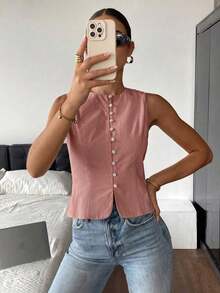 Camisa informal sin mangas con botones para mujer - Rosa - Ver 6