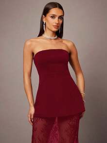 de 2 piezas que incluye top corto con corpiño y falda mini con dobladillo de encaje en estilo A-line, color negro, adecuado para citas, graduaciones, conciertos, vestidos de dama de honor, bodas, ocasiones románticas, estilo minimalista, conju - Burdeos - Ver 5