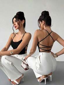 in mangas de estilo bohemio elegante y romántico para vacaciones en la playa de Hawái, con espalda abierta con efecto cruzado - Negro 3 - Ver 1