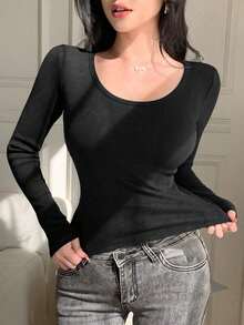 Camiseta de manga larga y cuello redondo de ajuste ceñido para mujer, versátil y casual, ropa de otoño - Negro - Ver 9