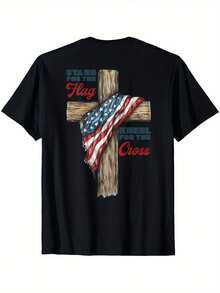 Pártete por la bandera, arrodíllate ante la cruz. Camiseta cristiana patriótica - Diseño de bandera estadounidense y cruz, camiseta negra con texto rojo y azul - Ropa religiosa informal de corte holgado, exclusiva para estadounidenses, para el 4 de julio, Pascua - Prenda que provoca conversaciones, atuendo festivo, estilo audaz, tela transpirable, comunidad de fe. - Negro - Ver 1