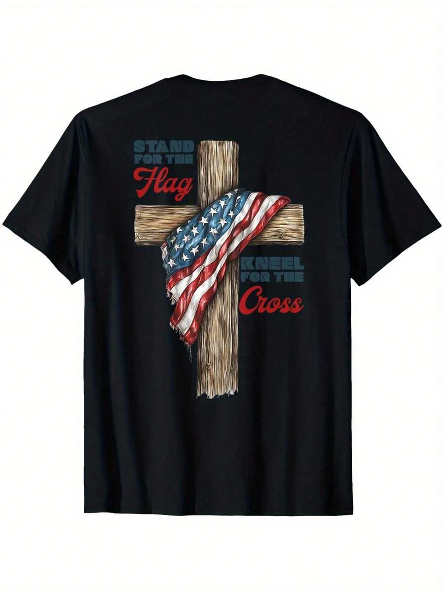 Pártete por la bandera, arrodíllate ante la cruz. Camiseta cristiana patriótica - Diseño de bandera estadounidense y cruz, camiseta negra con texto rojo y azul - Ropa religiosa informal de corte holgado, exclusiva para estadounidenses, para el 4 de julio, Pascua - Prenda que provoca conversaciones, atuendo festivo, estilo audaz, tela transpirable, comunidad de fe. - Negro - Ver 1