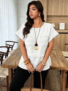 Blusa holgada de mujer talla grande con cuello redondo, mangas de murciélago y lunares en contraste, adecuada para uso diario y vacaciones, primavera/verano - Blanco - Ver 5