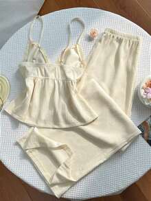 Conjunto de pantalones palazzo casuales con parches de tela texturizada, encaje floral y estilo Y2K - Albaricoque - Ver 2