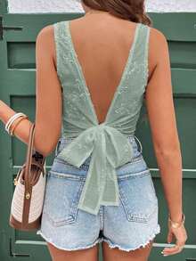 Frenchy Blusa sin espalda y sin mangas con estampado jacquard para vacaciones de verano, ropa de vuelta al colegio, atuendos de maestros, moda, vestidos de mujer de verano, estilo de dinero antiguo, vestidos blancos de mujer, vestidos casuales de mujer, ropa para el 4 de julio, blusas de mujer, tops sin mangas - verde menta - Ver 6