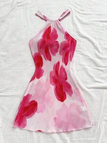 Vestido mini plisado con estampado floral y cuello de halter para mujer, silueta ajustada, ideal para vacaciones, citas, té de tarde, vacaciones, festivales de música, estilo bohemio, primavera/verano - Multicolor - Ver 5