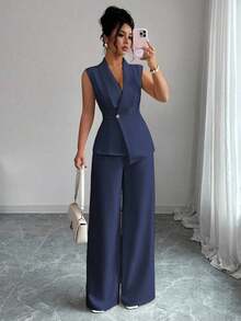 Conjunto de oficina elegante para mujer, compuesto por una chaqueta blazer sin mangas con cuello y bajo asimétrico, con hebilla metálica en la cintura, combinada con pantalones de cintura elástica.Conjunto de 2 piezas elegante para primavera/verano, atuendo formal y de clase para mujer. - Azul marino - Ver 6