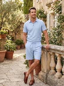 American Style New Summer Men's Loose Casual Linen Breathable Beach POLO Shirt Short Sleeve Shorts 2pcs Set - Baby Blue - View 2