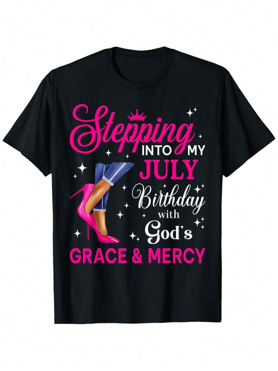 Entering July: Women's High Heels And Girls' Birthday T-Shirt.| Casual Loose Fit, Round Neck, Slightly Stretchy Fabric, Slogan Print Holiday Wear. - 如圖所示 - 查看 1
