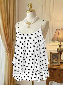 Rometta Camiseta de tirantes finos con espalda cruzada, dobladillo con doble volante y lunares, para mujer de talla grande - Blanco - Ver 9