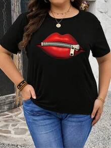 1 Piece Unisex Loose Fit T-Shirt 180g 100% Pure Cotton, Unique Y2K T-Shirt With Red Lips Design And Zipper That Highlights Your Bold And Modern Style, Perfect For Those Looking For An Original And Attractive Look. Ideal For Any Occasion And A Must-Have In Your Wardrobe. - 黑色 - 查看 6