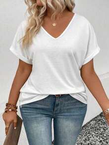 Selamara Camiseta casual versátil de talla grande con diseño de encaje y parches, nueva llegada para primavera/verano para mujeres - Blanco - Ver 3