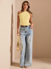Blusa de verano para vacaciones en la playa, elegante, con hombros descubiertos y cuello asimétrico, para conciertos, actuaciones, festivales de música, conciertos, country, clubes, nuevos estilos sexy de primavera y verano - Amarillo - Ver 4