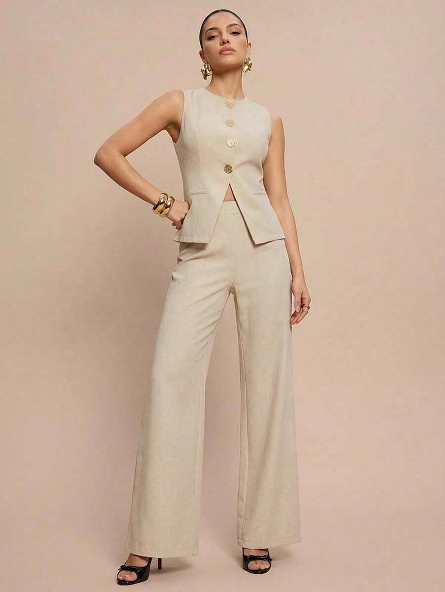 Conjunto de 2 piezas elegante estilo francés con botón con diseño de flor para tiempo libre/commuter para mujer - Albaricoque 2 - Ver 1