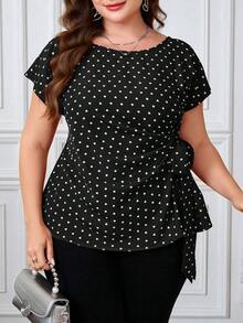 Camisa casual de manga corta con diseño plisado y teñido anudado para mujer de talla grande, adecuada para vacaciones, fiestas y salidas - Blanco y Negro - Ver 3
