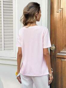 Camiseta de mujer cómoda de algodón, informal, con bolsillo, cuello en V, versátil y de moda - Rosa - Ver 2