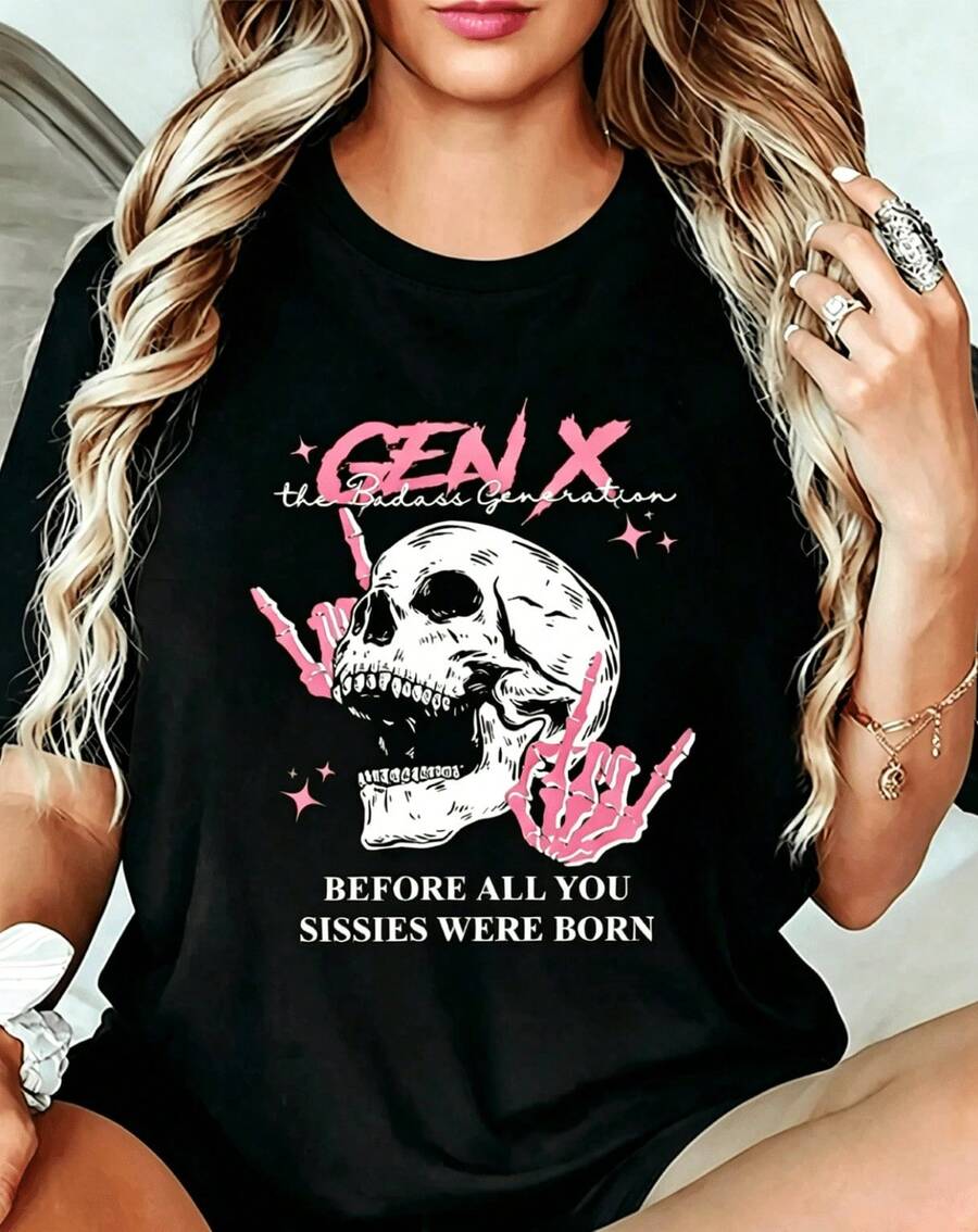 Women's Short-Sleeved Crew Neck T-Shirt With Skull Print, Made Of 100% Pure Cotton Fabric, Soft And With A Flowing Drape, Suitable For Daily Wear, Office, School, Vacation, Camping, Versatile Style, Making Your Summer More Vibrant And Colorful. - 黑色 - 查看 1