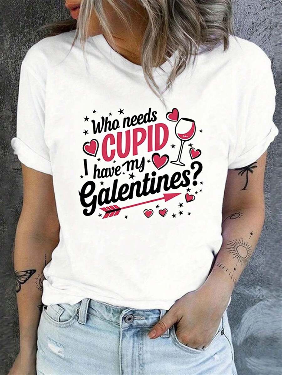 Camiseta de San Valentín para Mejores Amigas - "Tengo a mis mejores amigas, ¿quién necesita Cupido?" Camiseta de manga corta con cuello redondo, con estampado de letras y estilos a juego, adecuada para uso casual en primavera y verano, un regalo para mejores amigas, para uso diario (lavable a máquina). Camiseta de manga corta cómoda y versátil. - Blanco - Ver 1