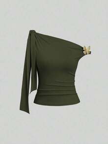 de mujer con hombros oblicuos y lazo - Verde militar - Ver 1