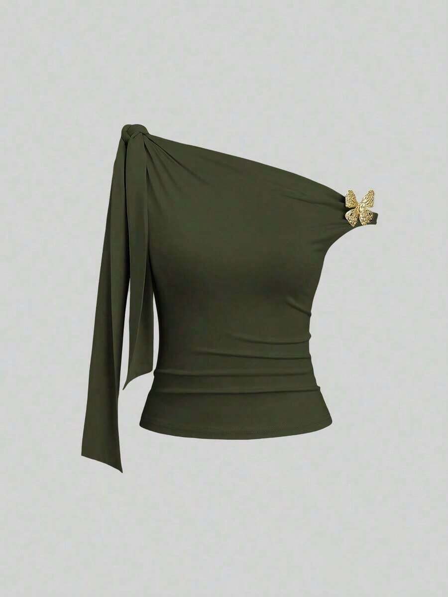 de mujer con hombros oblicuos y lazo - Verde militar - Ver 1