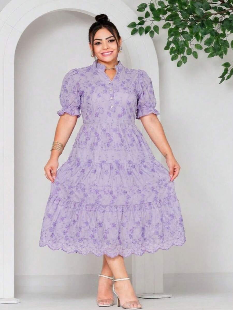 Women's Midi Dress With Embroidered Lace, All-Over Print, Embroidery, Button Detail, Ruffle Detail, Gathered Detail, Suitable For Formal And Evening Wear. - 3D Lilac - View 1