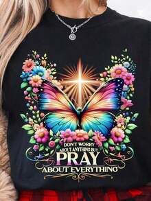 Women's Plus Size Summer Casual T-Shirt, Oversized Black T-Shirt With Sparkling Butterfly Print And Inspirational Quotes - Loose Fit, Round Neck, Short Sleeve, Casual Blouse For Spring, Summer And Autumn, Machine Washable, Comfortable Everyday Wear, Plus Size Clothing - 黑色 - 查看 7