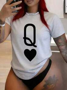 1 Piece New Summer Casual Fashion 2026, Local Shipping, Graphic Tees, Women's Casual T-Shirt With Poker Queen Print, Spring And Summer For New Year's Clothing, Graphic Tees, Women's Tops, 100% Cotton, 180g 100% Cotton - 黑色 2 - 查看 6