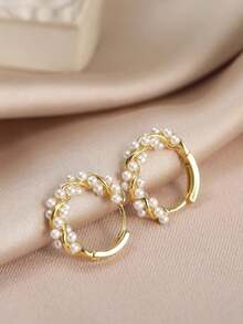 1 Pair Faux Pearl Hoop Earrings, Luxury Elegant Clip-On Earrings, Versatile Accessories For Women - Gold - View 5