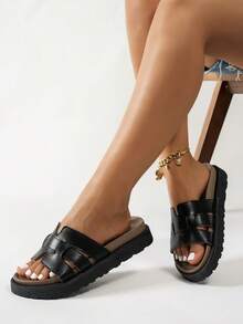New Fashion Buckle Open Toe Platform Slippers, Comfortable Versatile Dirt-Resistant Beach Sandals Suitable For Daily Wear - Black Leather - View 2