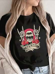 Women's Lightweight And Durable Graphic Tees, Short-Sleeved And Black, Featuring A Rock 'n' Roll Skull Design. Perfect For Casual Outings To Restaurants Or Lounging At Home, With A Comfortable Fit And Eye-Catching Graphic Print. Cotton Tees For Summer. - 黑色 - 查看 1