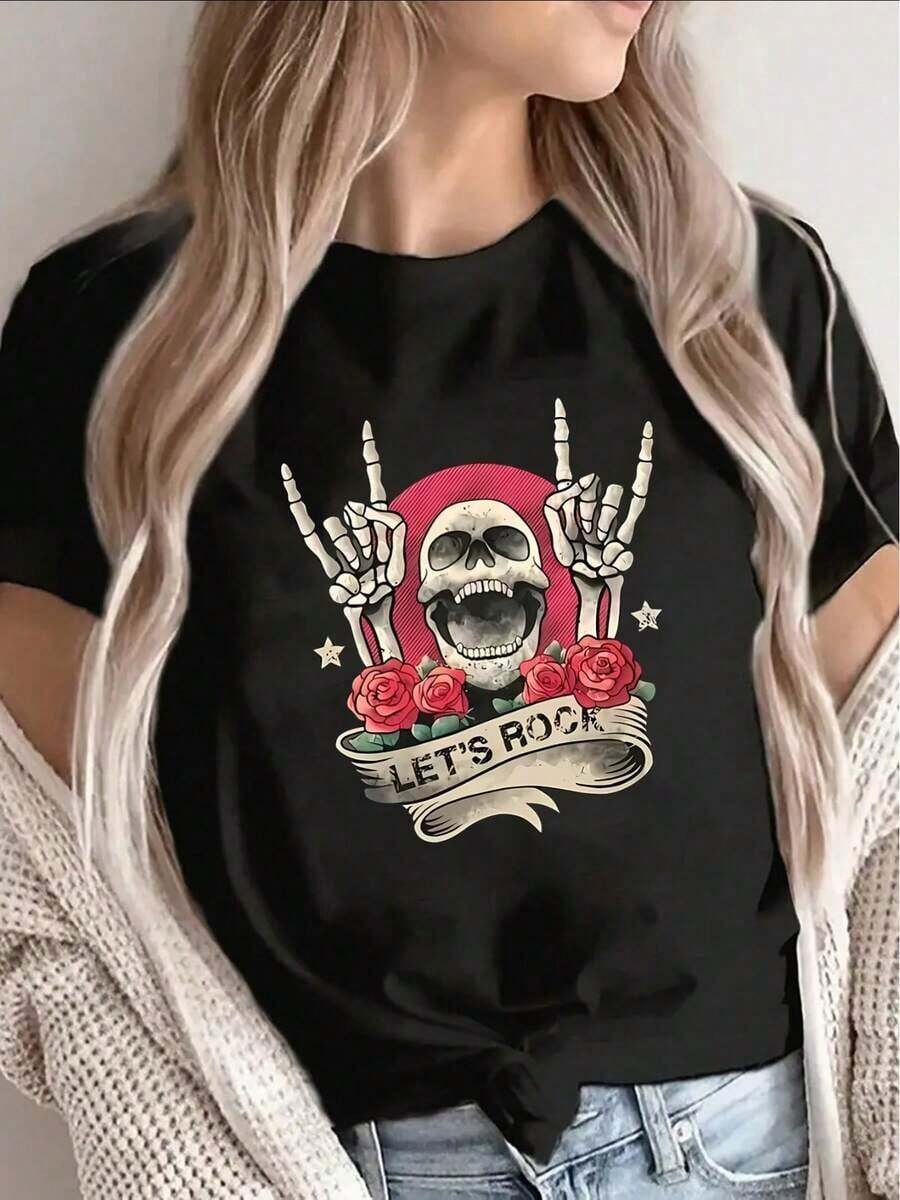 Women's Lightweight And Durable Graphic Tees, Short-Sleeved And Black, Featuring A Rock 'n' Roll Skull Design. Perfect For Casual Outings To Restaurants Or Lounging At Home, With A Comfortable Fit And Eye-Catching Graphic Print. Cotton Tees For Summer. - 黑色 - 查看 1