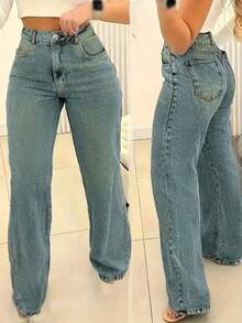 Women's Loose Casual Basic Straight Leg Jeans With Pockets - Medium Wash - View 2