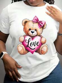 Camiseta de Moda Casual para Mujer con Estampado de Oso de Peluche de San Valentín Sosteniendo un Corazón Rosa, Cuello Redondo, Algodón Puro, Suave y Cómoda, Ideal como Regalo Romántico para Citas de San Valentín para Enamorados - Estilo Urbano Vintage, Unisex, Camiseta de Manga Corta de Algodón con Cuello Redondo, blusas para mujer. blusas.blusas casuales para dama.Impresión de osos cariñosos.Camiseta estampada Impresión de osos cariñosos. - Blanco - Ver 6