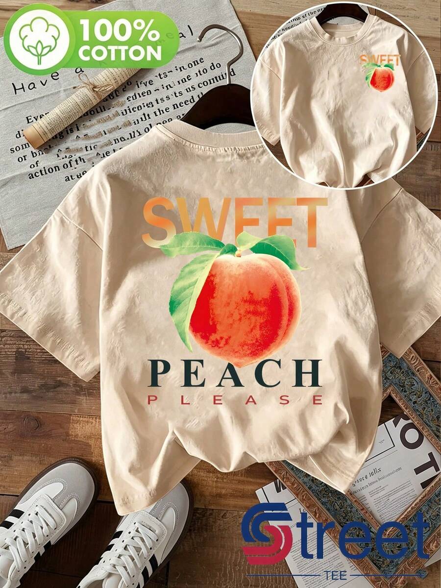 High-End Printed T-Shirt For Women, Sweet, Vibrant And Youthful Peach Print, For Daily/Summer Wear, Double-Sided Print On The Front And Back, Simple And Modern Design, Breathable Summer Casual Wear, Unisex. - 杏色 - 查看 1