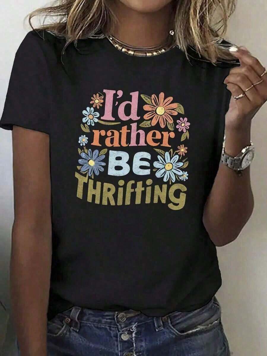Camiseta de mujer 100% algodón con estampado gráfico "Preferiría ir a una tienda de segunda mano", de estilo vintage para amantes de las tiendas de segunda mano, con estampado de letras florales coloridas, transpirable, de corte holgado, manga corta, cuello redondo, top casual para todas las estaciones, lavable a máquina, ropa casual para vacaciones. Camiseta sencilla de color sólido para mujer, corte holgado y ajustado, manga corta casual.Suitable for spring, summer and autumn - Negro - Ver 1