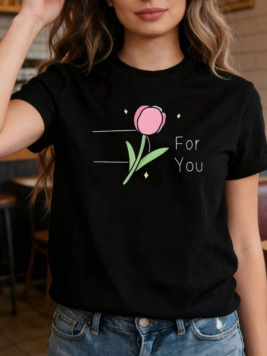 Camiseta ligera de mujer con estampado "For You" de Tulip, corte holgado, para primavera/verano. Ideal para aniversarios, regalos, uso diario en la calle, con mangas cortas, para ir al trabajo y sesiones de fotos. Una camiseta suave y artística para un atuendo casual diario. - Negro - Ver 1