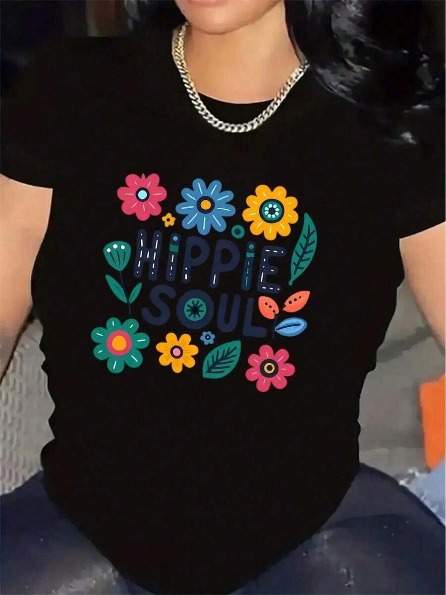 Women's Black And White Floral T-Shirt - Nippi Soul Lightweight Polyester Graphic Top, For Everyday Casual And Formal Wear - Breathable Essential For Women, Ladies' T-Shirts, Versatile Clothing, Fun Design, Medium Stretch Fabric, Comfortable Fit, Elegant Blouse, Durable Clothing, Printed Blouse, For Fashion Lovers - 黑色 - 查看 1