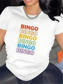 Black And White Polyester Short-Sleeved T-Shirt With A Colorful Bingo Print, Ideal For Parties Or Lounging At Home. Durable And Lightweight Fabric, Comfortable Fit For Casual Outfits, Stylish Design For Informal Ensembles. Women's Blouses > Clothing - 白色 - 查看 2