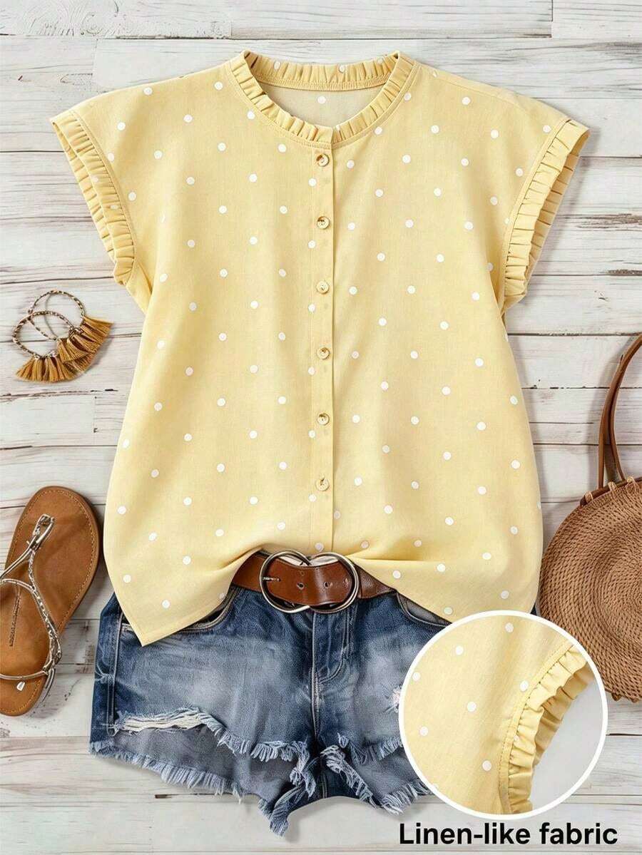 Blusa de mujer con cuello redondo, sin mangas, abotonada, con volantes y estampado de lunares vintage francés, versátil para el trabajo, el té de la tarde y el uso diario, suelta y casual - Amarillo claro - Ver 1