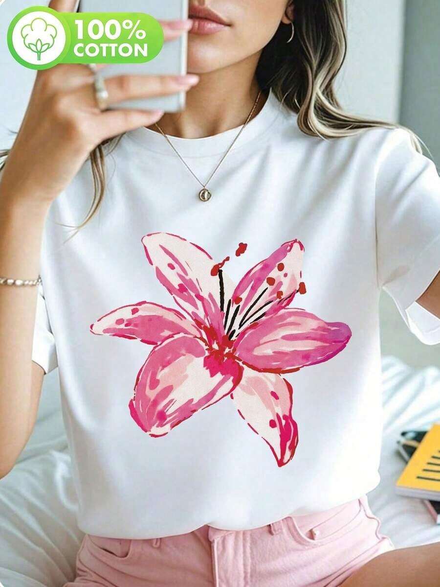 1 Piece Floral Print Short Sleeve T-Shirt, Casual And Lovely, Women's Floral Print T-Shirt, Round Neck Pullover, Short Sleeve T-Shirt, Graphic T-Shirts For Women, 180g Tops, 100% Cotton. - 白色 - 查看 1