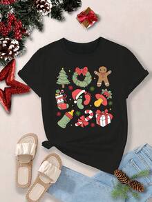1 pieza, regalo de Navidad, regalo para enfermeras, camiseta estampada de Navidad 180g 100% algodón - Negro - Ver 2