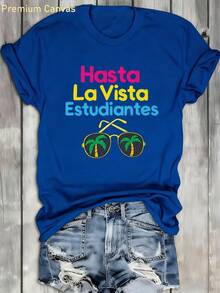 1 pieza Camiseta de verano Hasta La Vista - Camiseta estampada 100% absorbente de sudor y transpirable, con estampado de gafas tropicales, regalo para el Día de la Madre, camiseta de mujer con cuello redondo para vacaciones en la playa y surf, top casual negro de manga corta, adecuada para vacaciones, 180g Algodón 100%. - Blanco - Ver 9