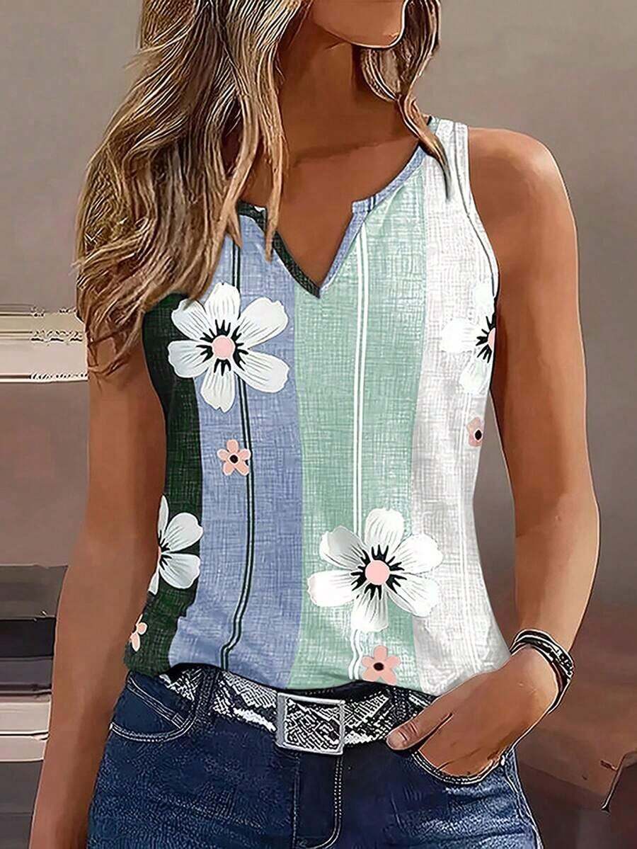 Selamara Blusa sin mangas de verano para mujer con estampado de mariposas y flores, cuello en V, diseño de cuello elegante, ajuste delgado, casual - Blanco - Ver 1