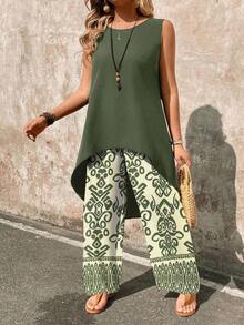 Set de 2 piezas con top sin mangas y pantalones de pierna ancha con estampado de paisley - Verde militar - Ver 3