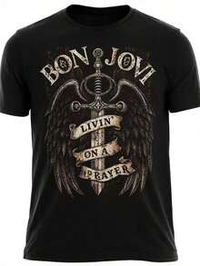 Vintage Bon Jovi Rock Band T-Shirt With Sword Wing Print, Ideal For Relaxing, Going Out Or Gifting, Perfect For Christmas, Valentine's Day And Rock Music Lovers - 黑色 - 查看 5