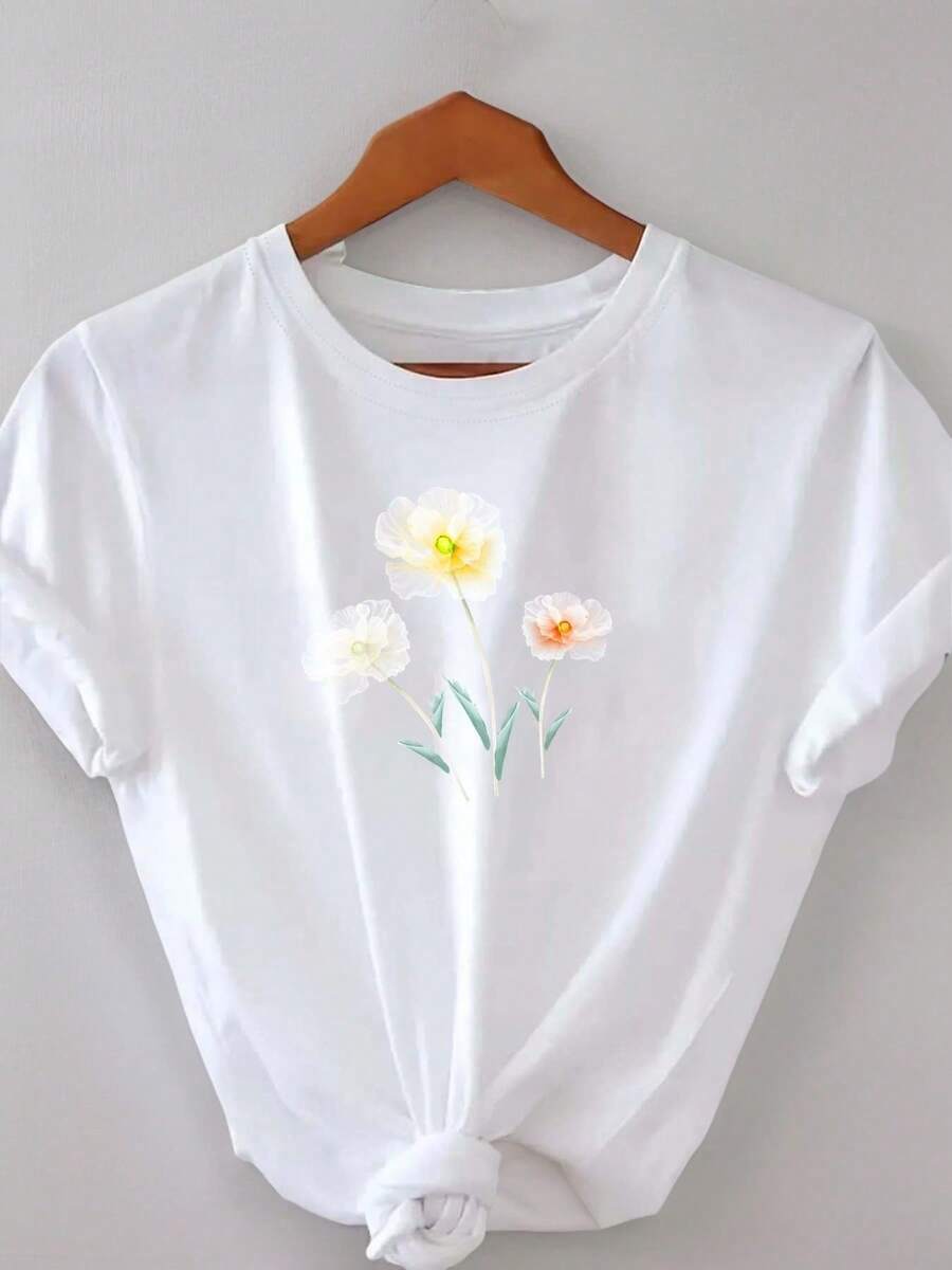 Camiseta Blanca con Estampado Floral para Mujer - Blusa Suave de Uso Diario con Corte Holgado, Lavable a Máquina para Ropa Urbana, Fiestas, Atuendos Cotidianos - Ropa de Mujer Primavera/Verano, Vestimenta de Fiesta, Diseño, Material Cómodo, Camiseta de Manga Corta, para Amantes de la Moda - Blanco - Ver 1