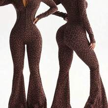 Dewbera 1pc Women's Seamless Sexy Leopard Print Mock Neck Front Zipper Thumb Hole High Waist Contour Sports Running Fitness Gymnastics Dance Long Sleeve Flared Jumpsuit - Multicolor - Ver 2