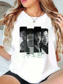 Playeras casuales de mujer de moda para primavera y verano, con un estampado de cuatro retratos de personajes dispuestos horizontalmente, superpuesto a un texto translúcido verde claro JNOODO Hwan (Udo Hwan). El estilo general refleja un tema de apoyo. - Camisetas gráficas, camisetas occidentales para hombre, ropa para hombre, camisetas gráficas, ropa para mujer, tops de verano, ropa de verano, camisetas gráficas, ropa . - Blanco - Ver 6