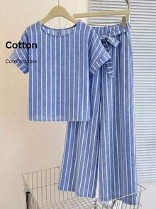Conjunto de 2 piezas de top de manga corta de cuello redondo a rayas y pantalones para mujeres, conjunto de ropa de vacaciones de 100% algodón, apto para devolución y reembolso, vestidos casuales de verano para mujer, conjunto informal de verano para mujer - Negro - Ver 8